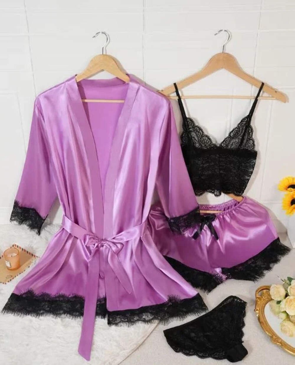 Silky feel purple satin black lace trim 4 piece lingerie set size 8 (S)