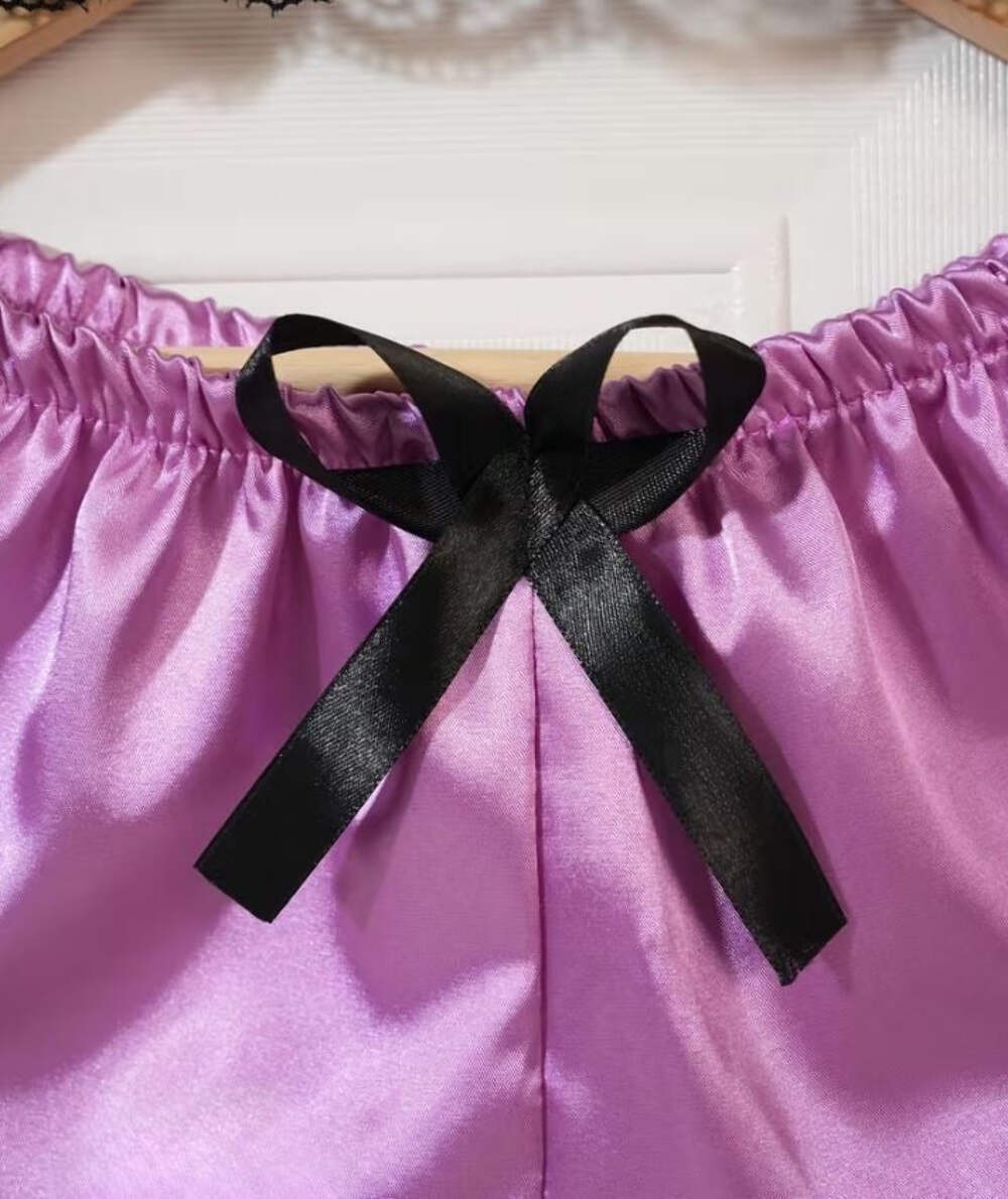 Silky feel purple satin black lace trim 4 piece lingerie set size 8 (S)