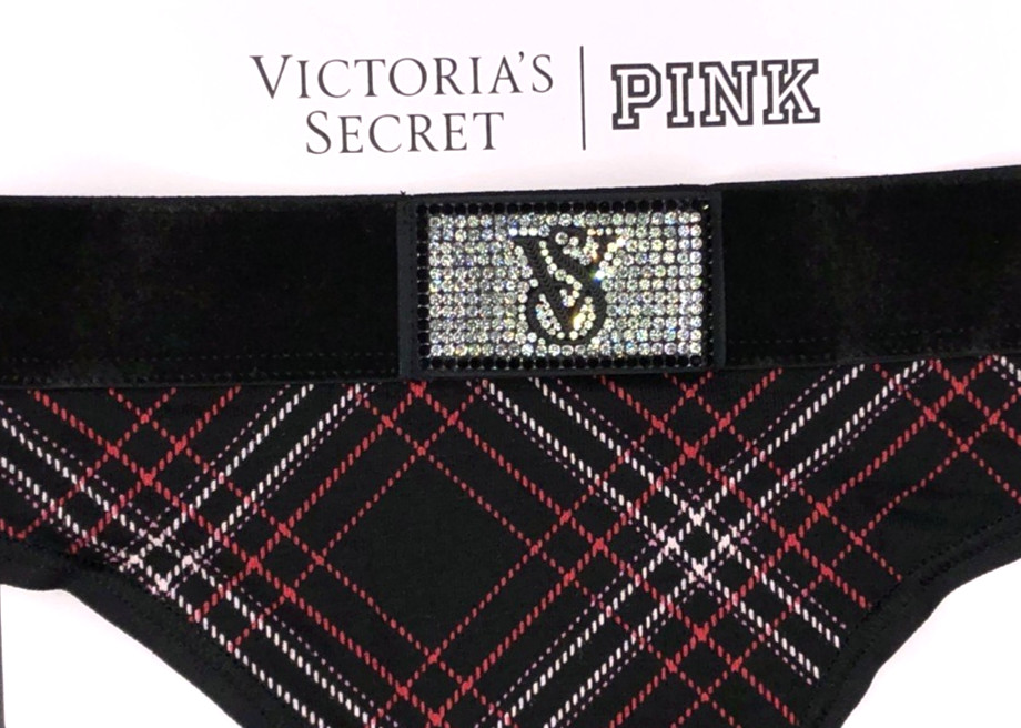 Victoria’s Secret NWT XL Black Plaid Shine Patch Thong Panty Logo Rhinestone