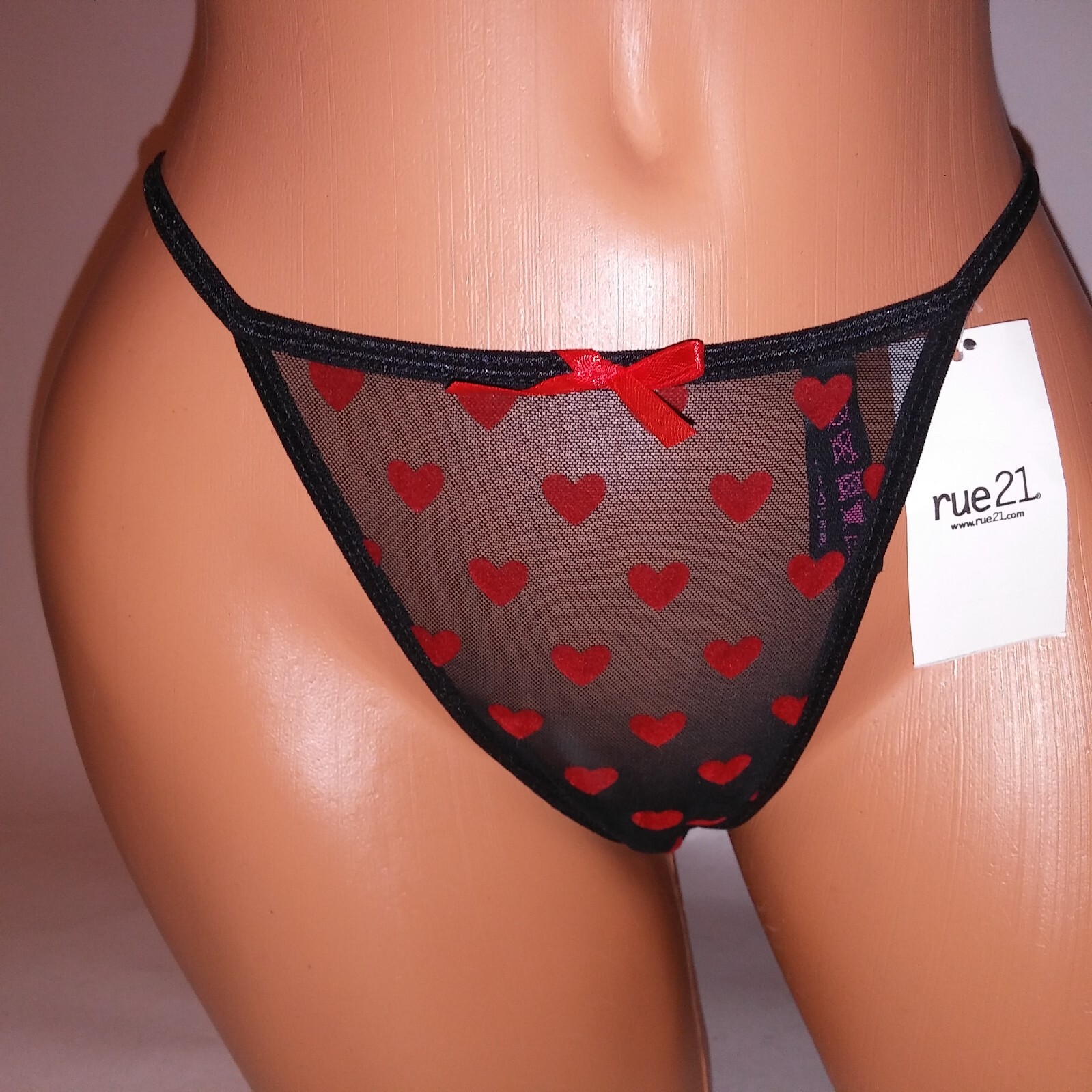 Rue21 Panty Thong Black Red Hearts Love Sheer V String New
