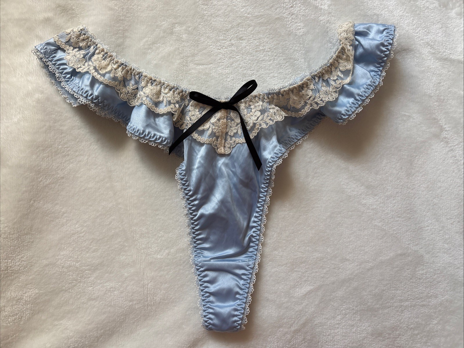 For Love & Lemons Panties Thong Panty Blue Satin Cream Lace Black Bow Medium M