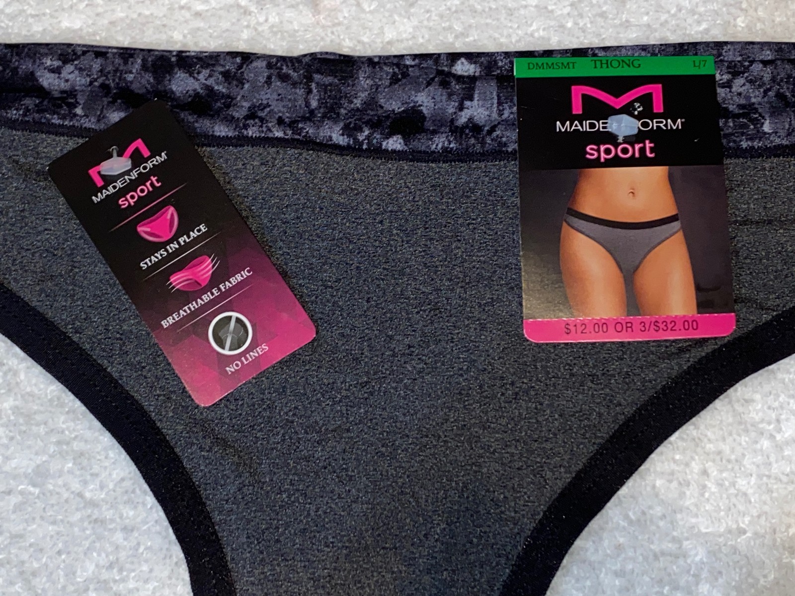 MAIDENFORM Sport Charcoal Grey Black Breathable Thong Panty Womens Sz S 5 2XL 9