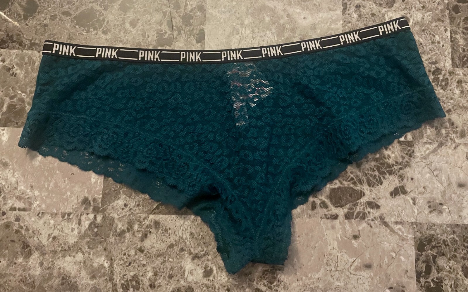 NWT VICTORIA’S SECRET PINK L JADE GREEN LEOPARD LACE MESH RARE CHEEKSTER PANTIES