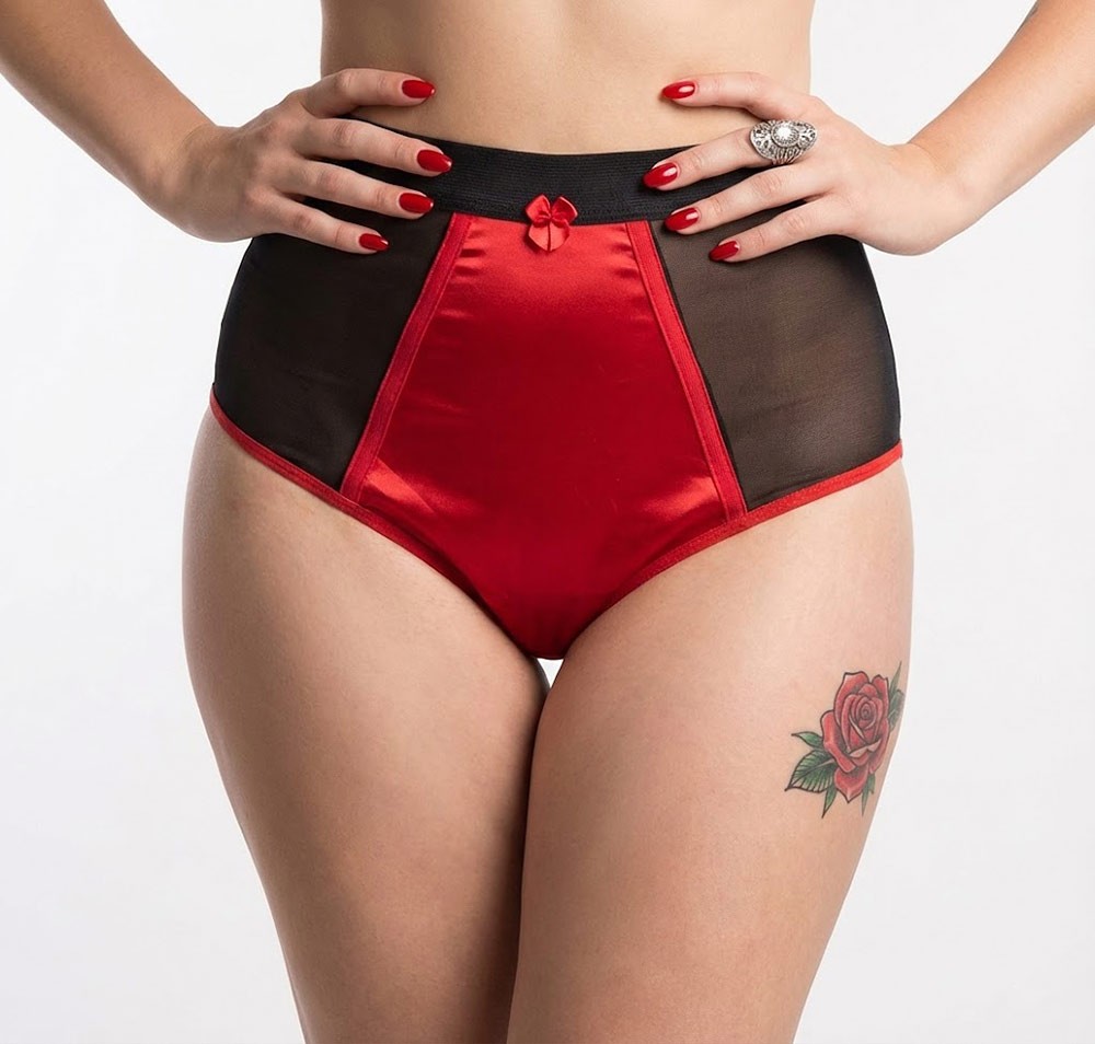 High Waist Vintage Style Knickers Satin & Mesh with Bows in Black or Black/Red