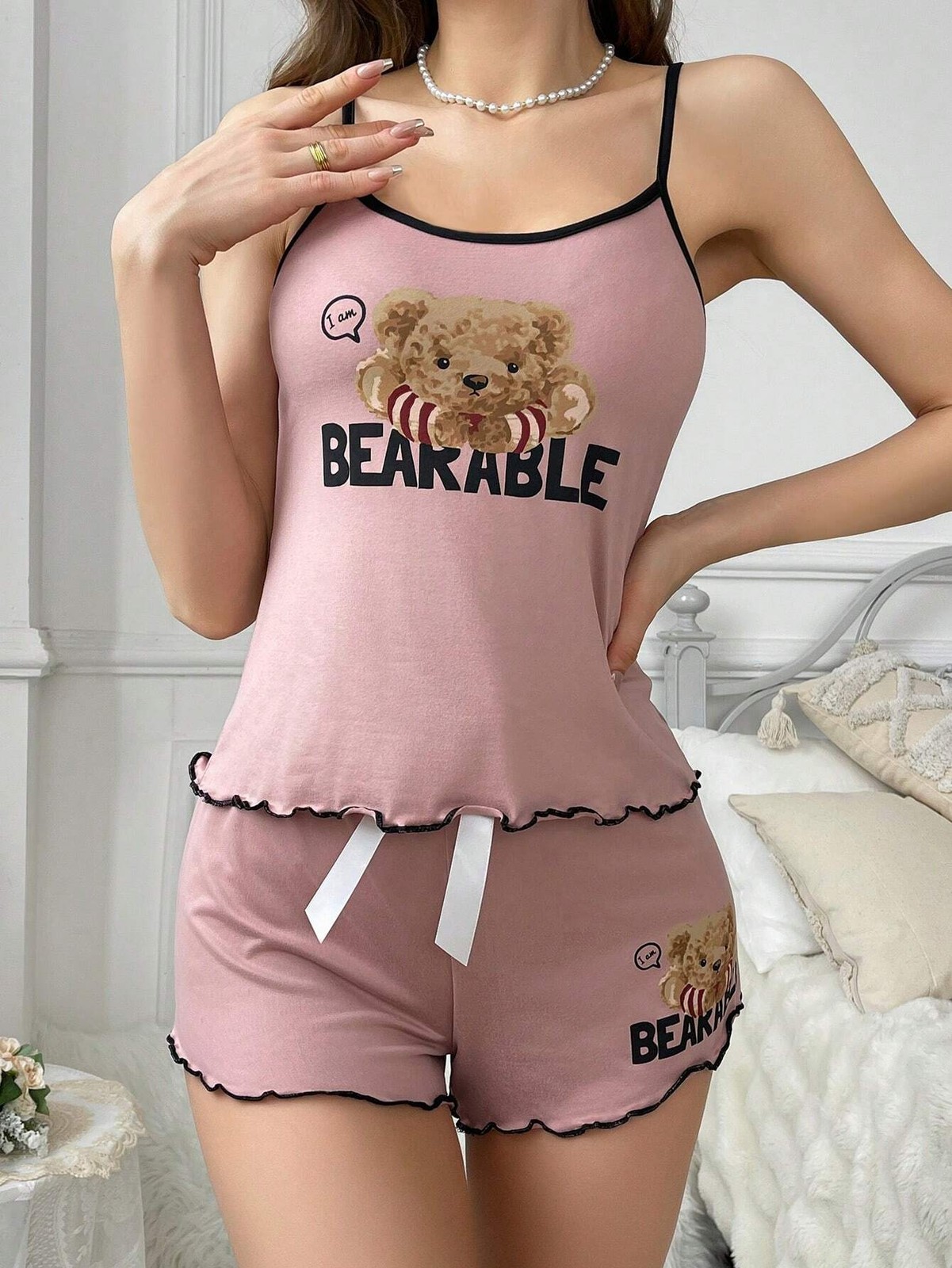 Dusky Pink Strappy Top And Shorts Pyjama Set With Bear And Letters Motif Cheap24