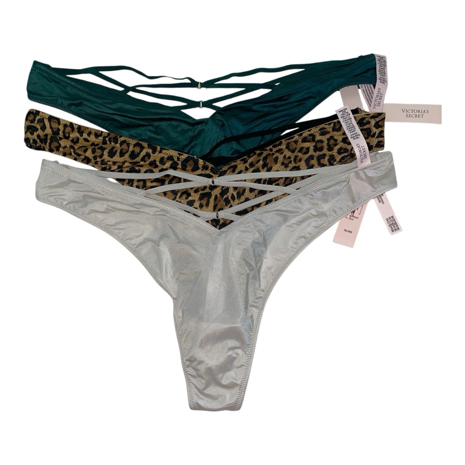 Victoria’s Secret Strappy Thong Panty XL Lot of 3 Bundle NWT WhiteLeopardGreen
