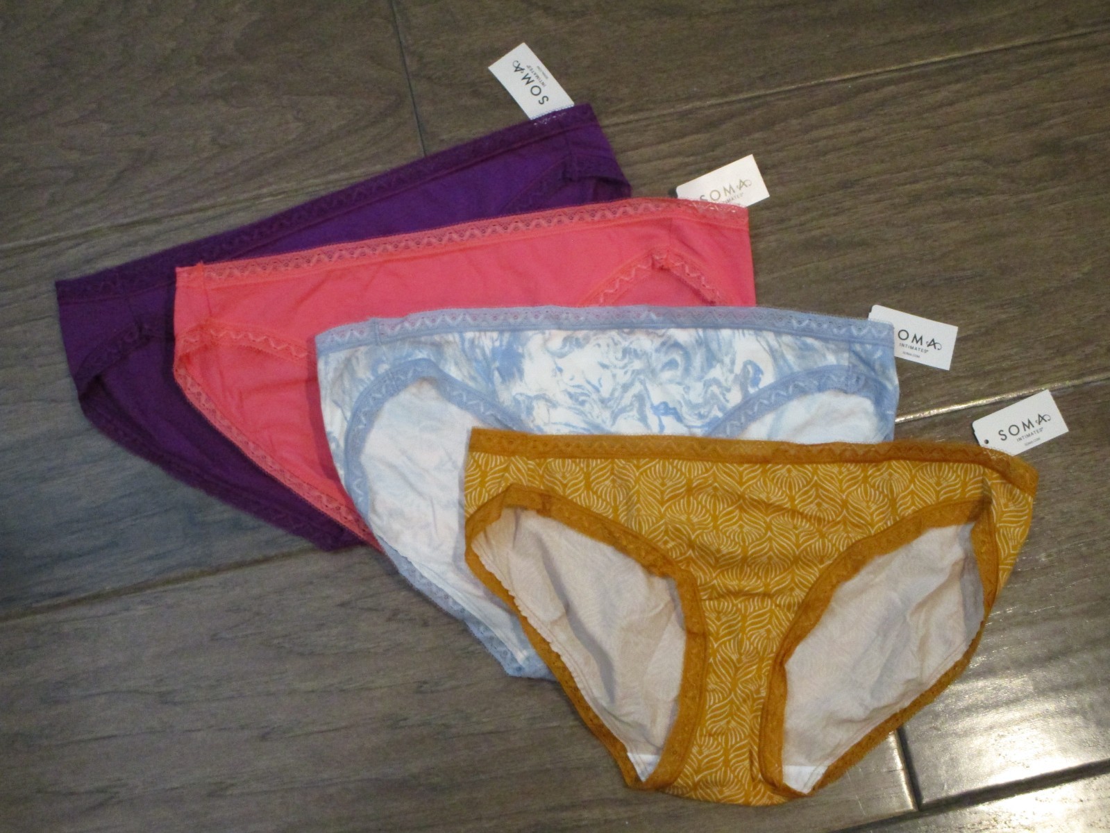 4-PACK SOMA COTTON MODAL BIKINI PANTIES IN PURPLE/CORAL/MARBLE/GEO SIZE LARGE