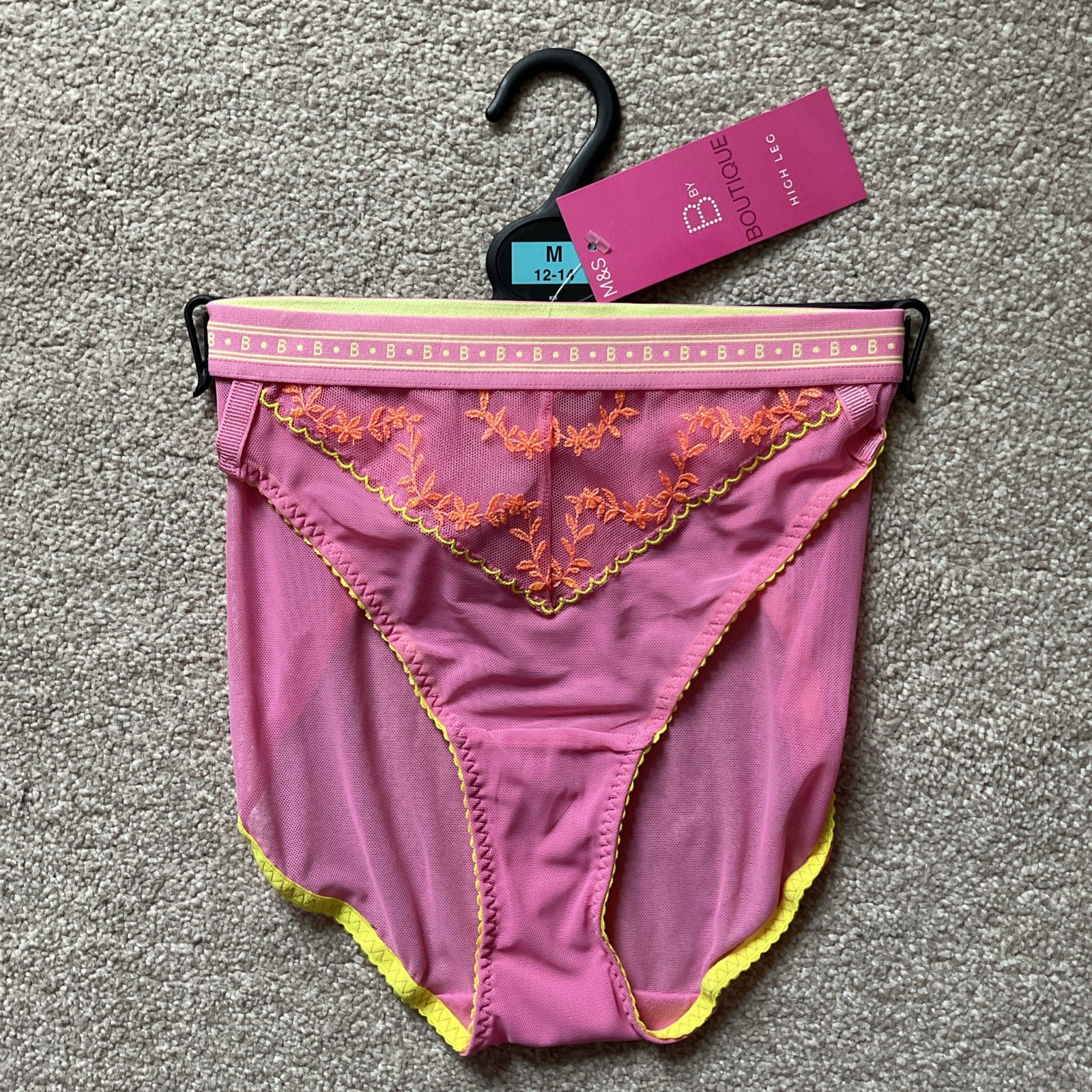 M&S 2 x MEDIUM 12-14 Boutique High Leg Knickers See Through Mesh Shocking Pink M