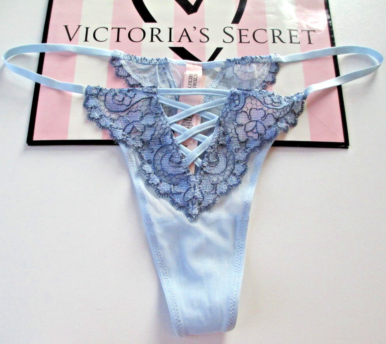 VICTORIA’S SECRET DREAM ANGELS Floral Lace Thong Panty VS Faded Denim Blue S M