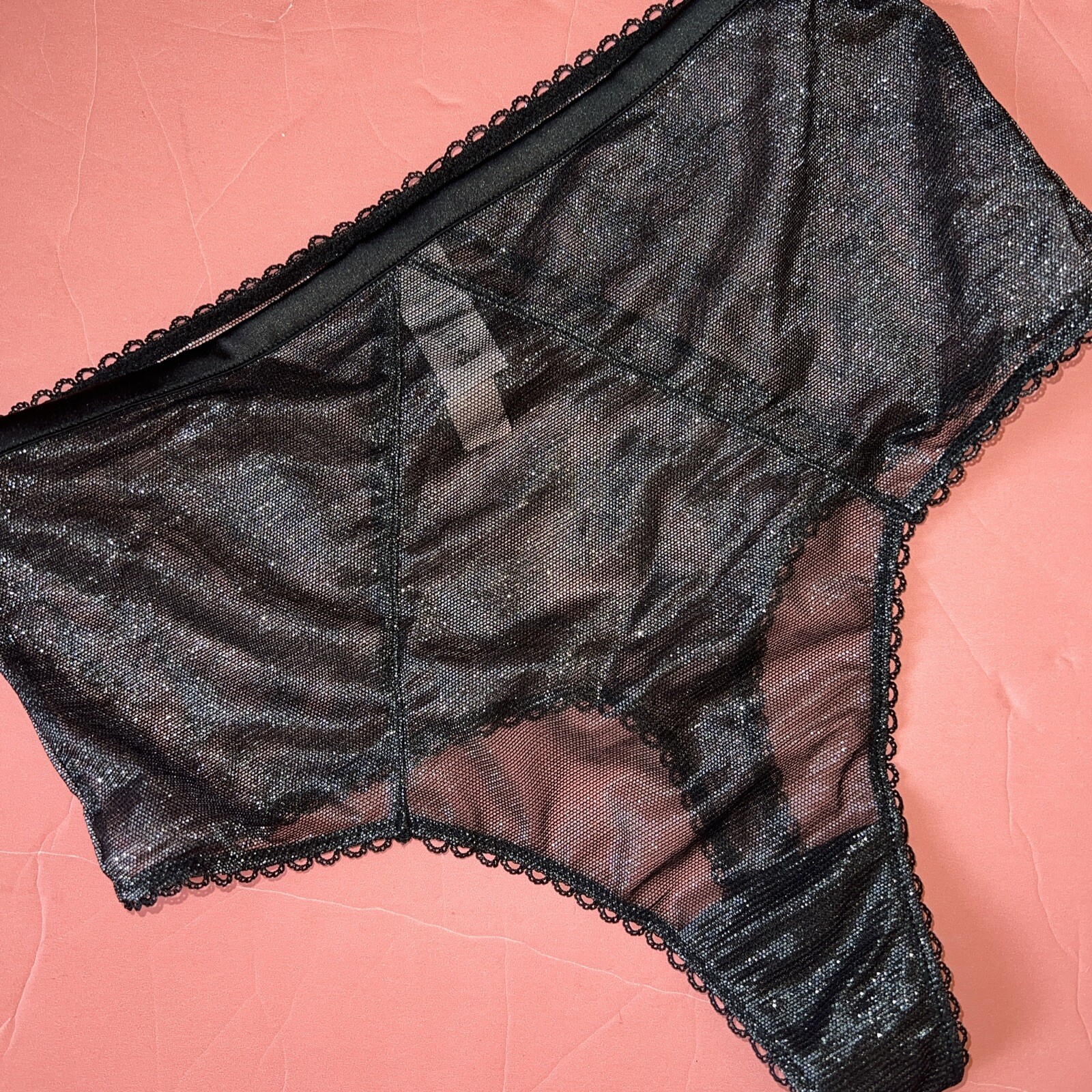 NWT Victoria’s Secret M HIGH-WAIST THONG panty BLACK SILVER SHIMMERY MESH