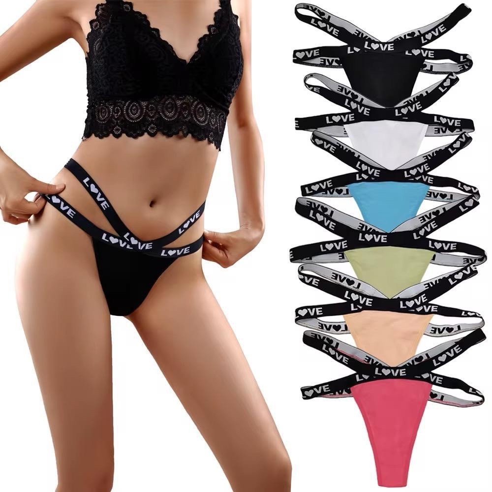 Women’s Love Logo Strap Thong/String Panties 6 Pack Multicolor Stretch M