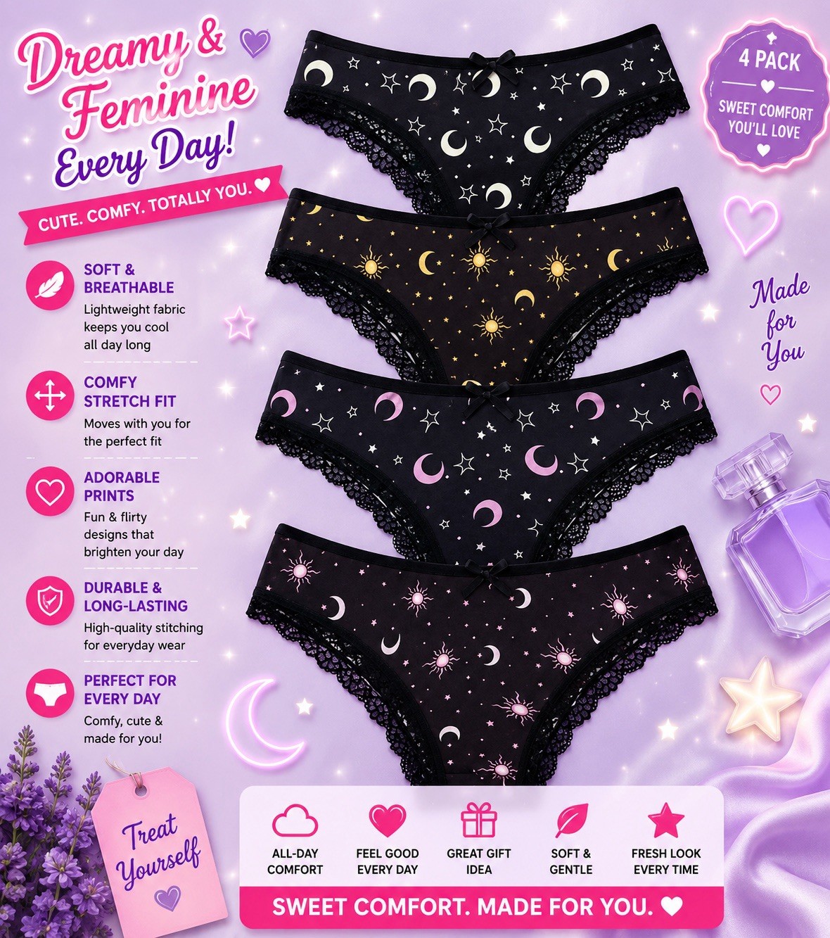 Women’s Teen’s Celestial Stars & Moons Bikini Panties Lace Stretch 4pk (8) Large