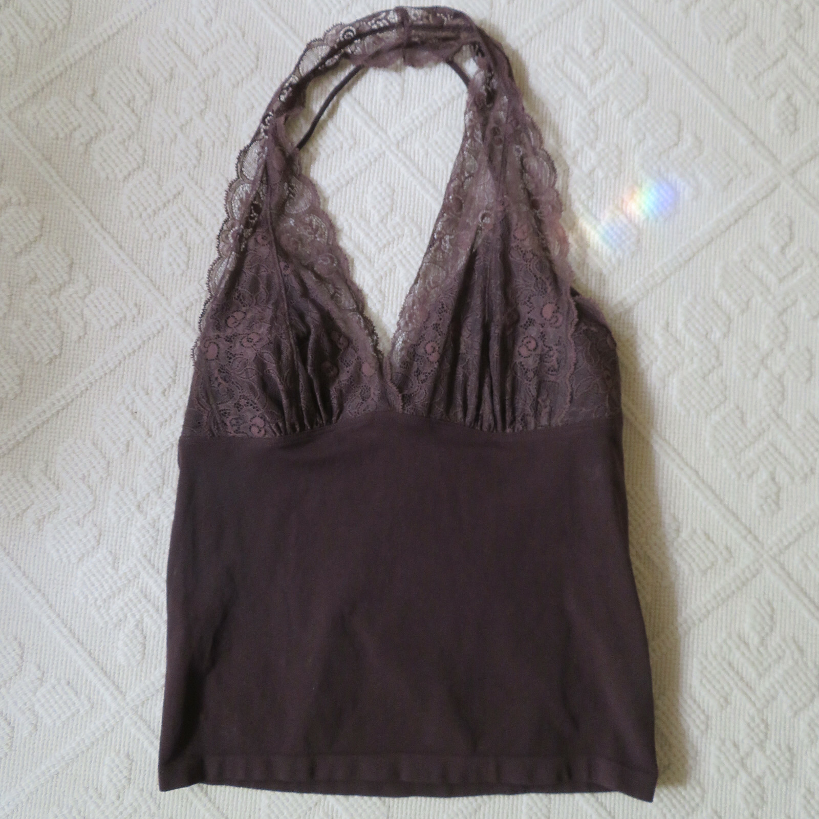 NWOT BROWN LACE HALTER NYLON/SPANDEX TOP. BY BORDEAUX. VERSATILE!