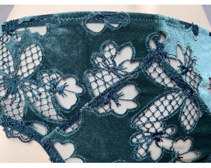 Victoria’s Secret Ziggy Glam Green Velvet Embroidered Lace Mesh Thong Panty NWT