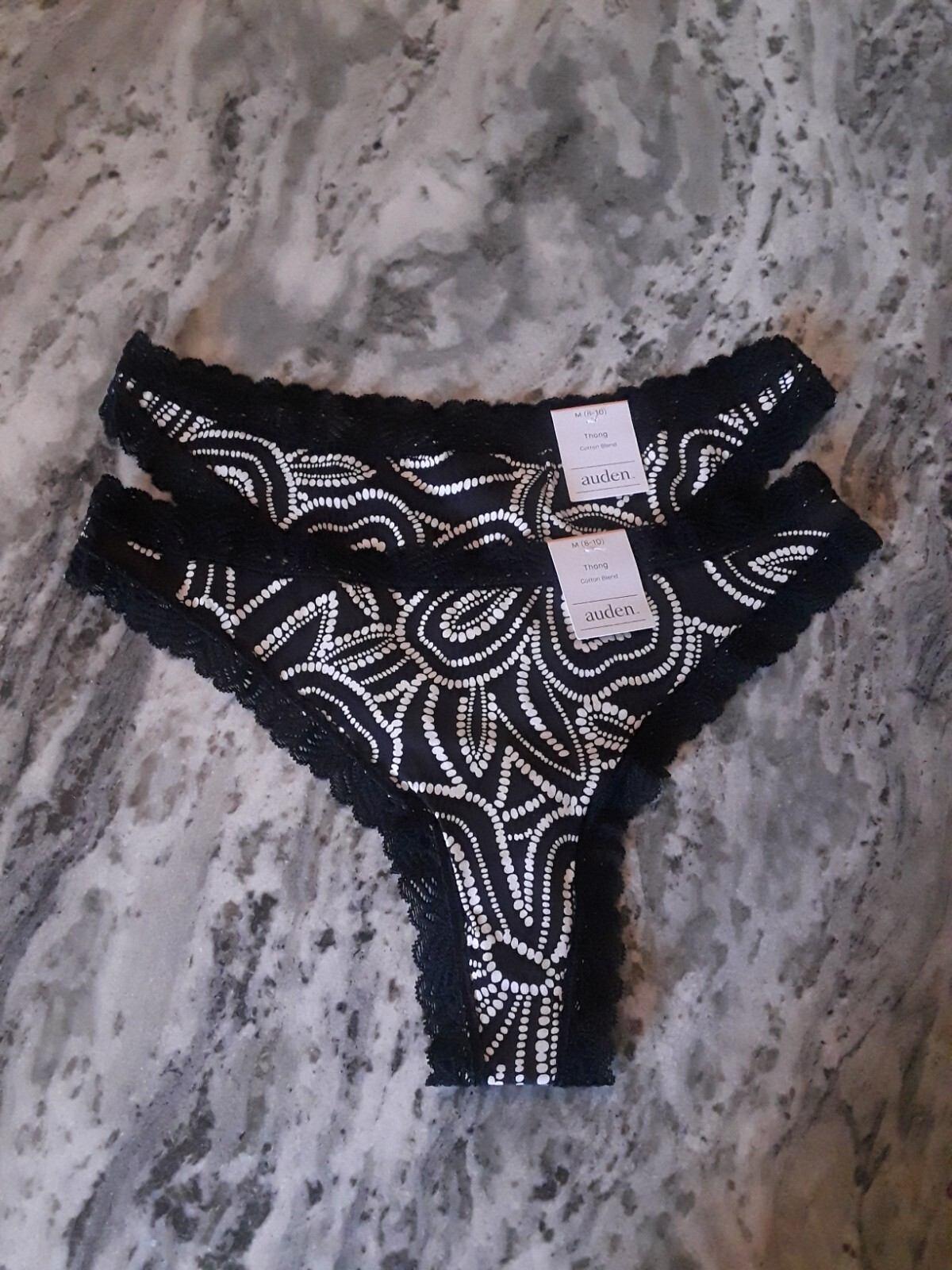 Lot of 2 Women’s Lace Trim Cotton Thong – Black/White-Auden – Medium (8-10)