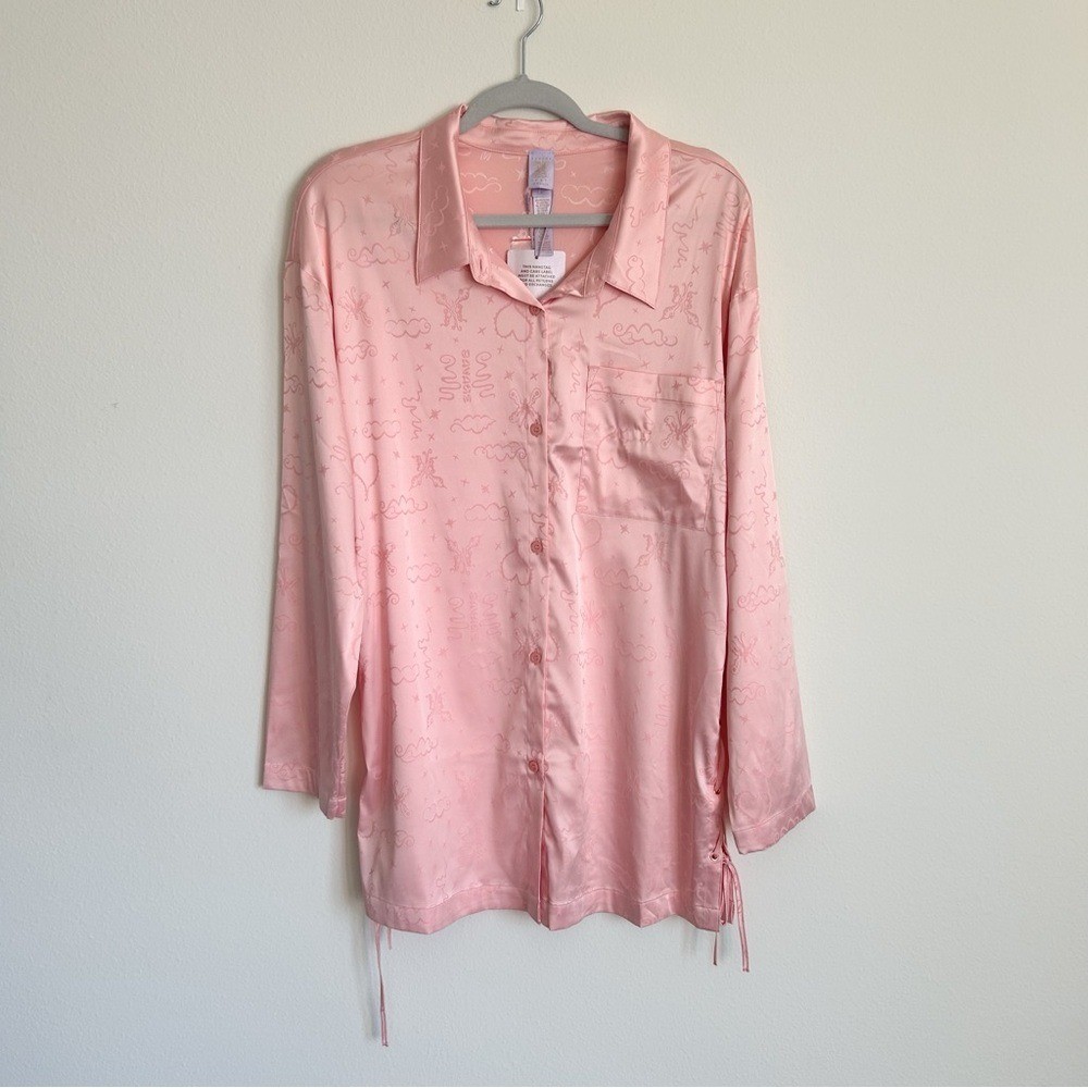 Savage X Fenty I Pink Cloud Butterfly Long Sleeve Pajama Shirt Top I Size M NWT