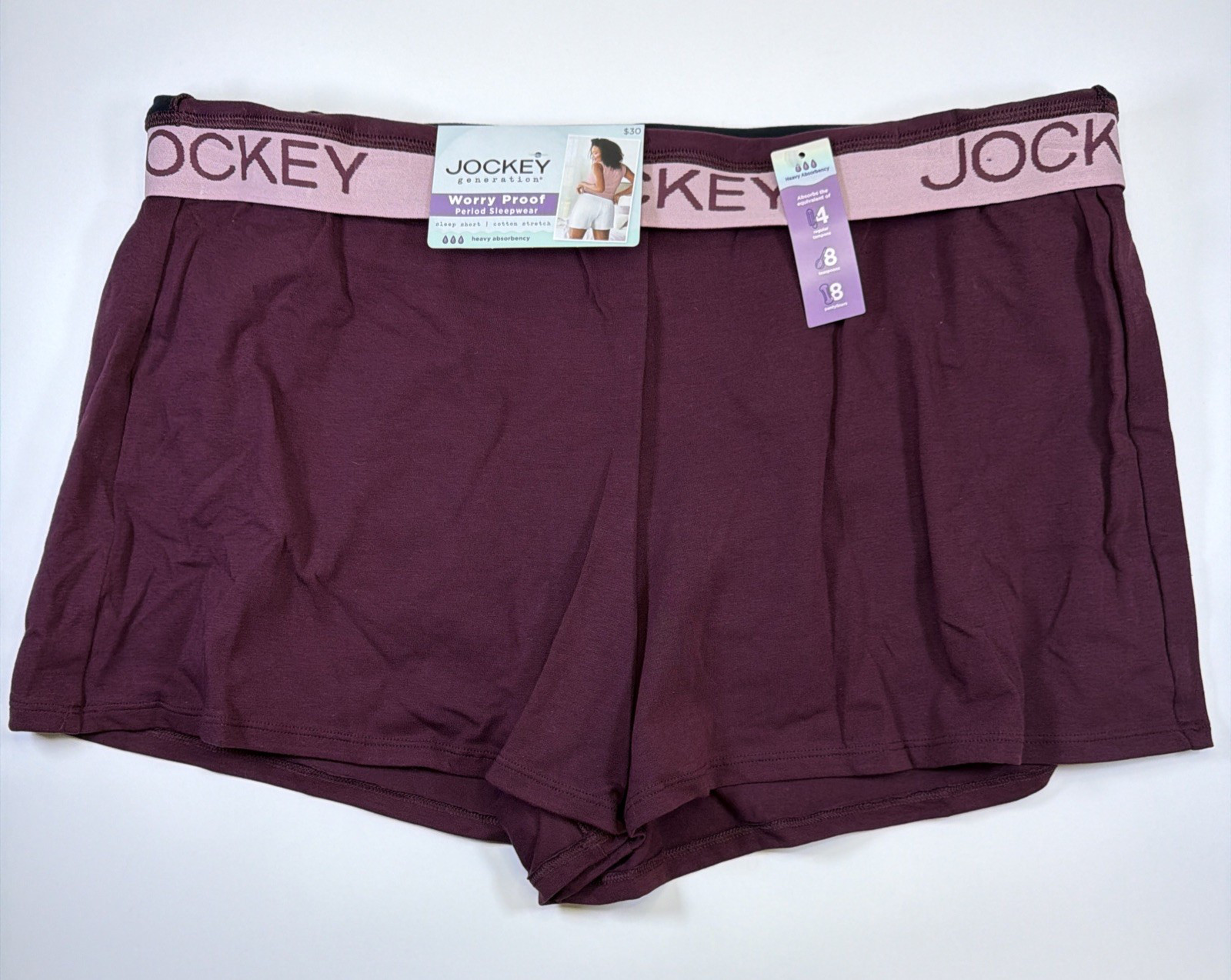 Jockey Womens Worry Proof Period Sleep Shorts Cotton XL Heavy Absorbency NEW