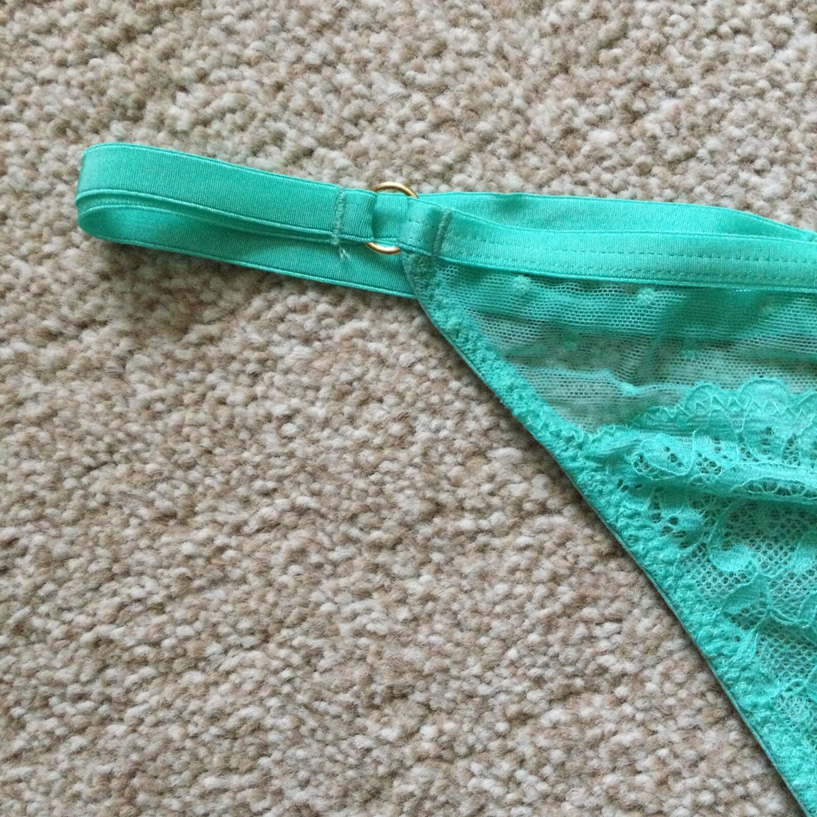 M&S Size 14 Ladies Lace Mesh Thong Knickers Light Jade Green Gold Ring Detail