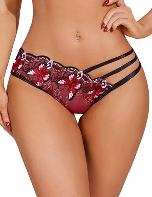 Sexy Panties for Women Butterfly Embroidered Underwear Mesh Small Red-1 Pack