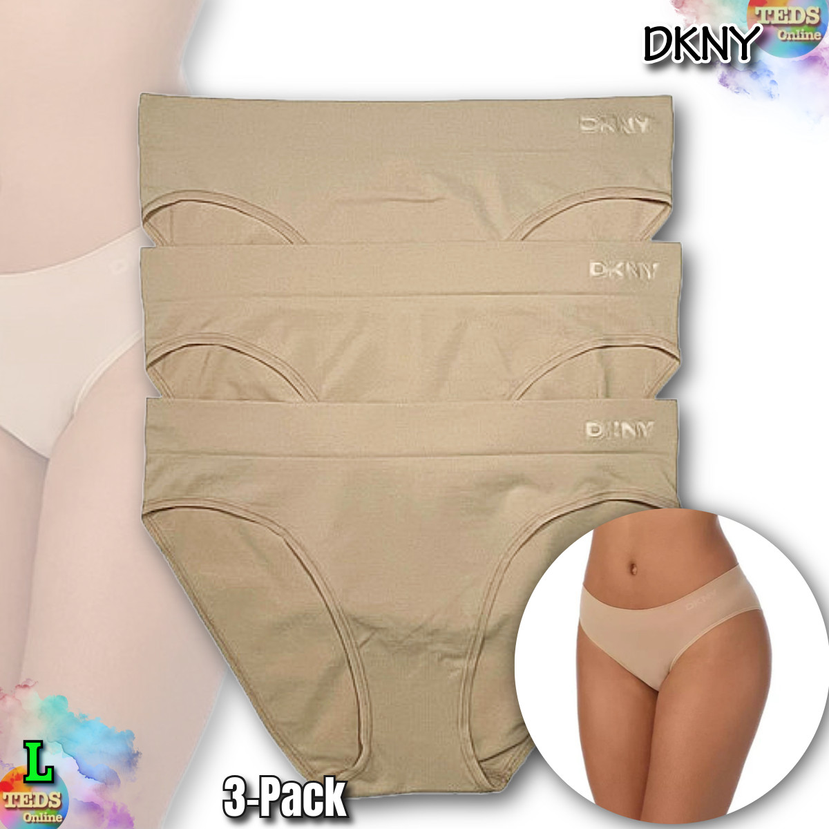 NWOT DKNY Women’s L Seamless Litewear Bikini Underwear 3 Pack DK5017NP3 Glow