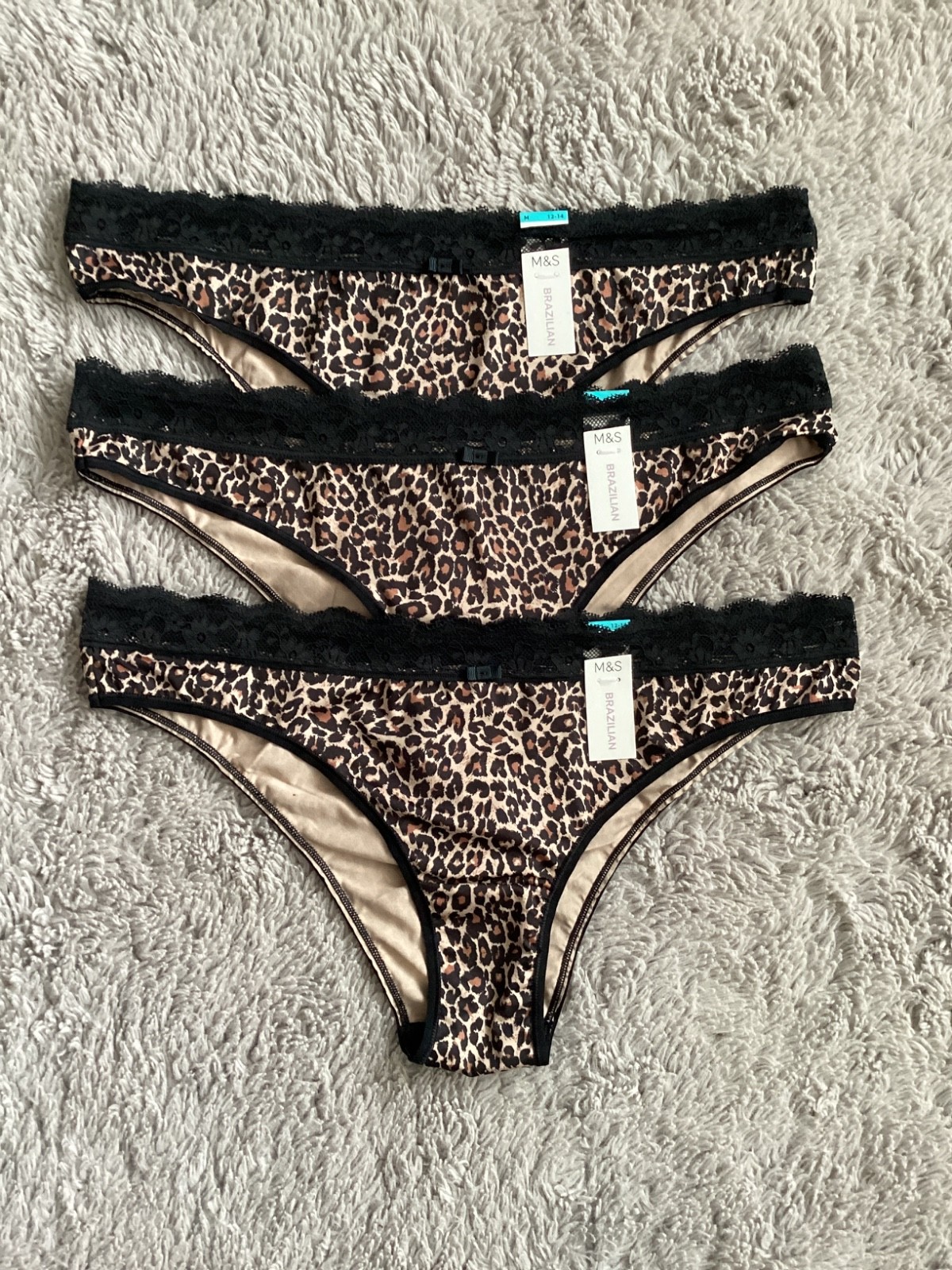 BNWT Ladies Size M (12-14) M&S Brown Animal Print (3 Pairs) Brazilian Knickers