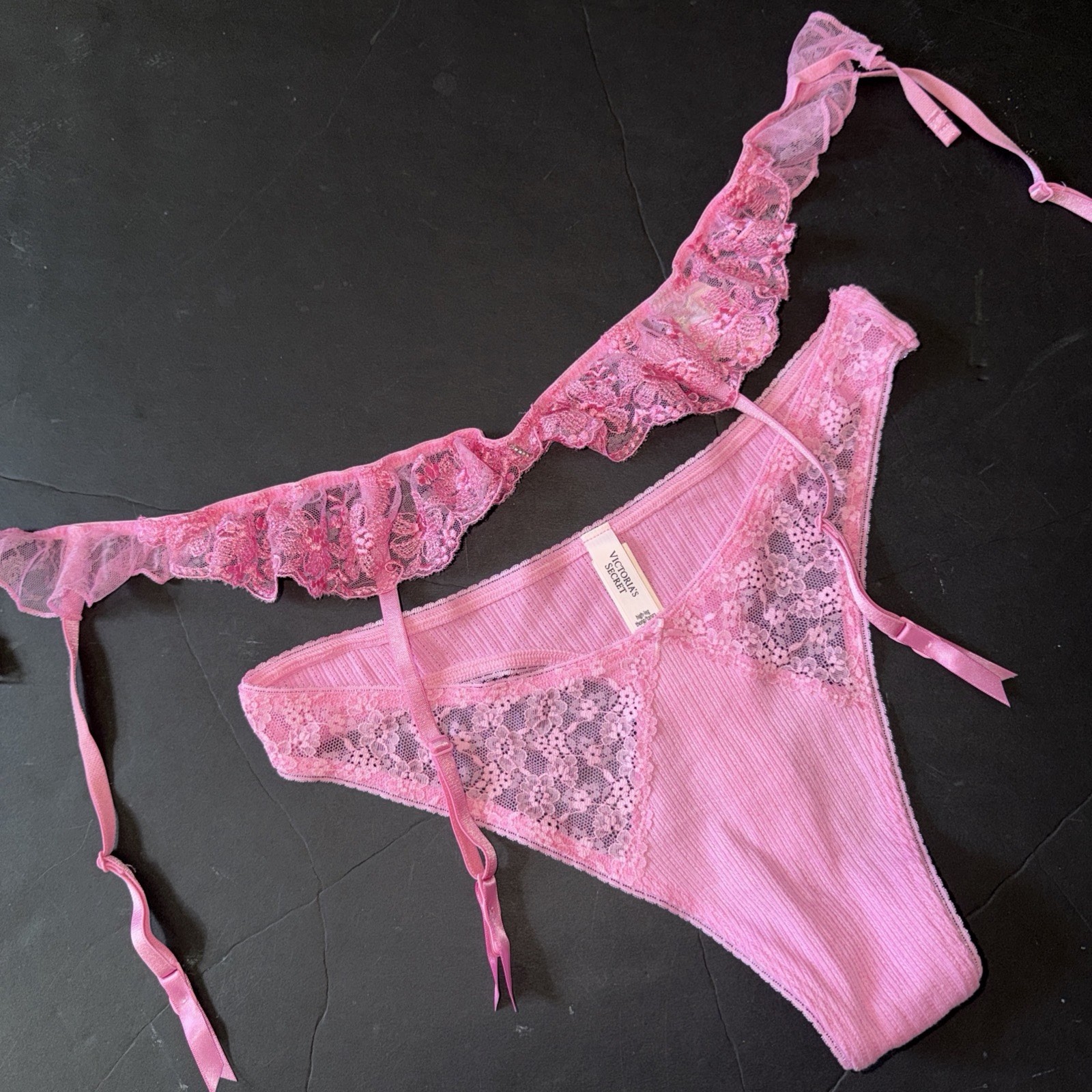 Victoria’s Secret M thong panty+M/L GARTER Belt PINK sugar Floral Embroidered