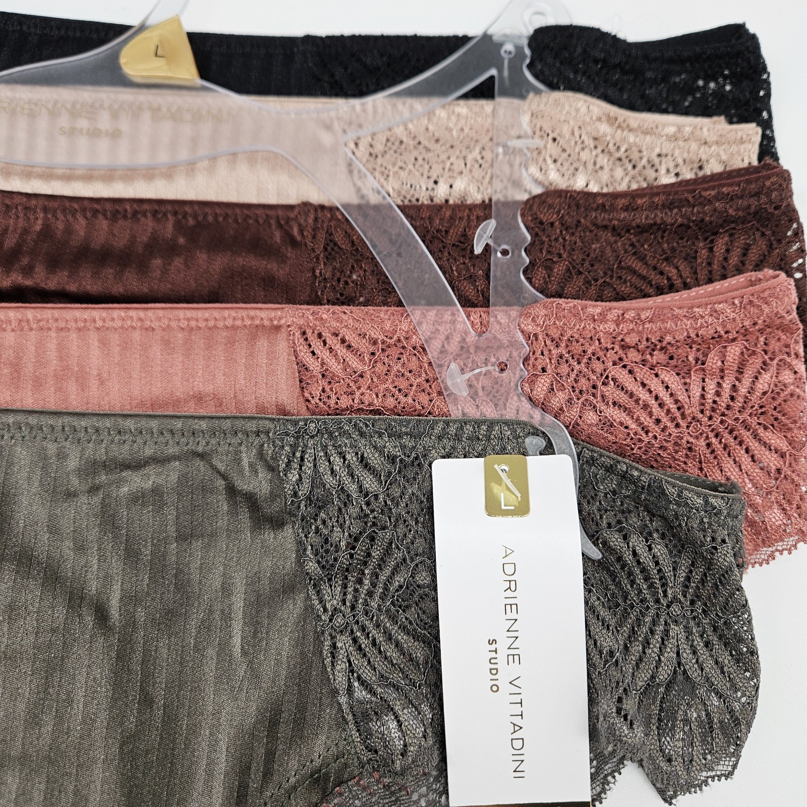 ADRIENNE VITTADINI 5 Pk Womens Large Satin Lace Panties Black Beige Maroon Brown