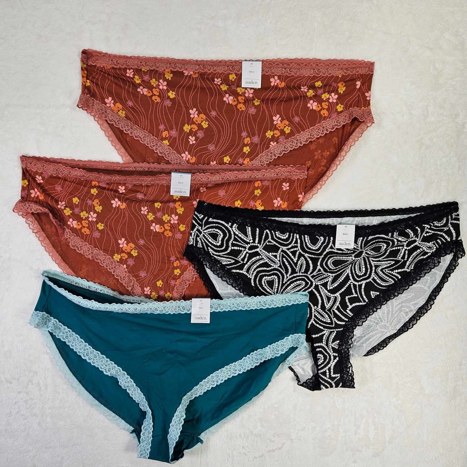 Auden 4pk Assorted Lace Trim Cotton Bikini Underwear Womens Plus Size 4X Stretch