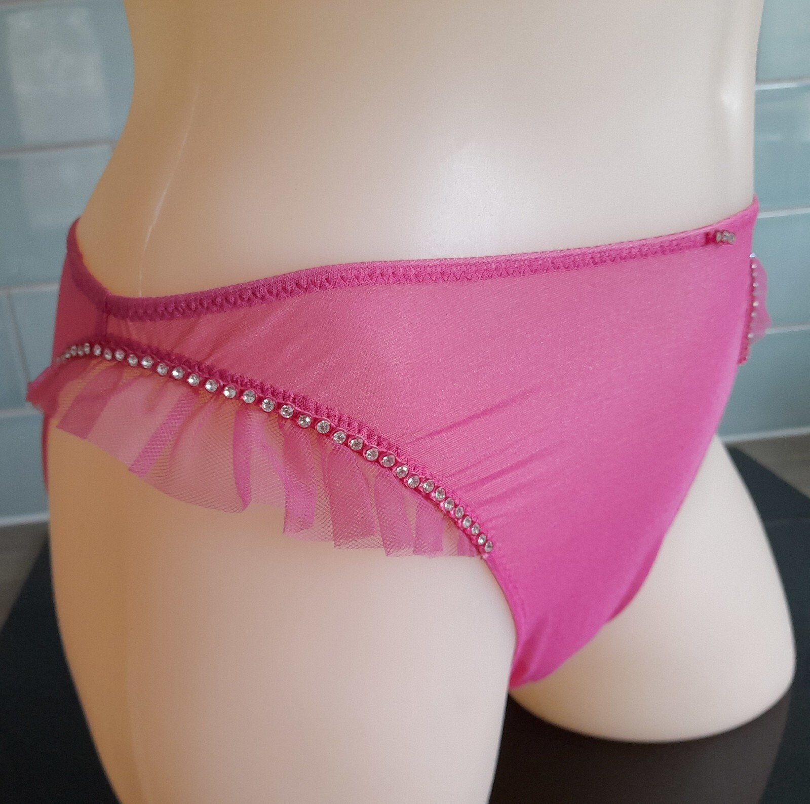 Janet Reger London Sheer Pink Mesh Brief with Diamante/Ruffle Detail