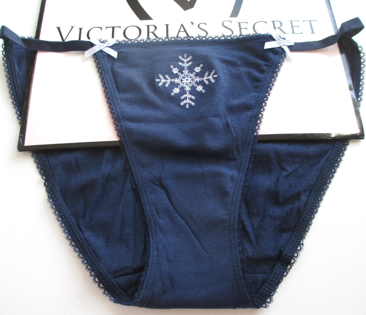 VICTORIA’S SECRET Cotton String Bikini Panty VS Navy Blue S M L XL Bows NWOT