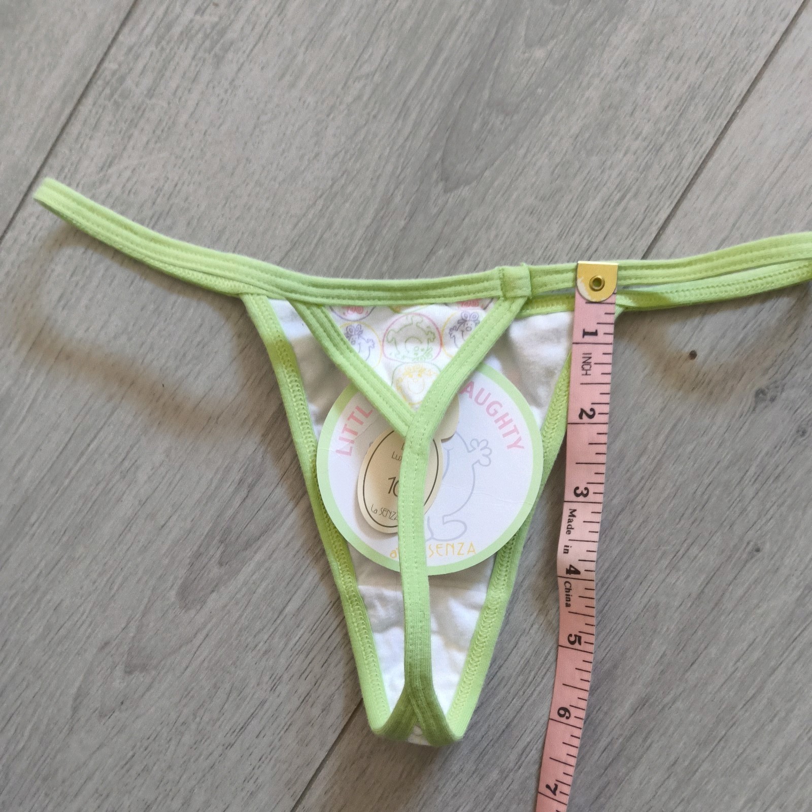 BNWT Vintage La Senza White & Green Little Miss Naughty Thong Size 6-8