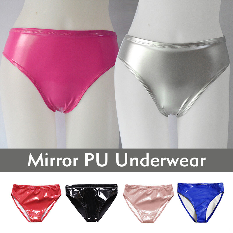 Women PVC Leather High Waist Brief Sexy Bright Nightclub Panty Underwear Thong