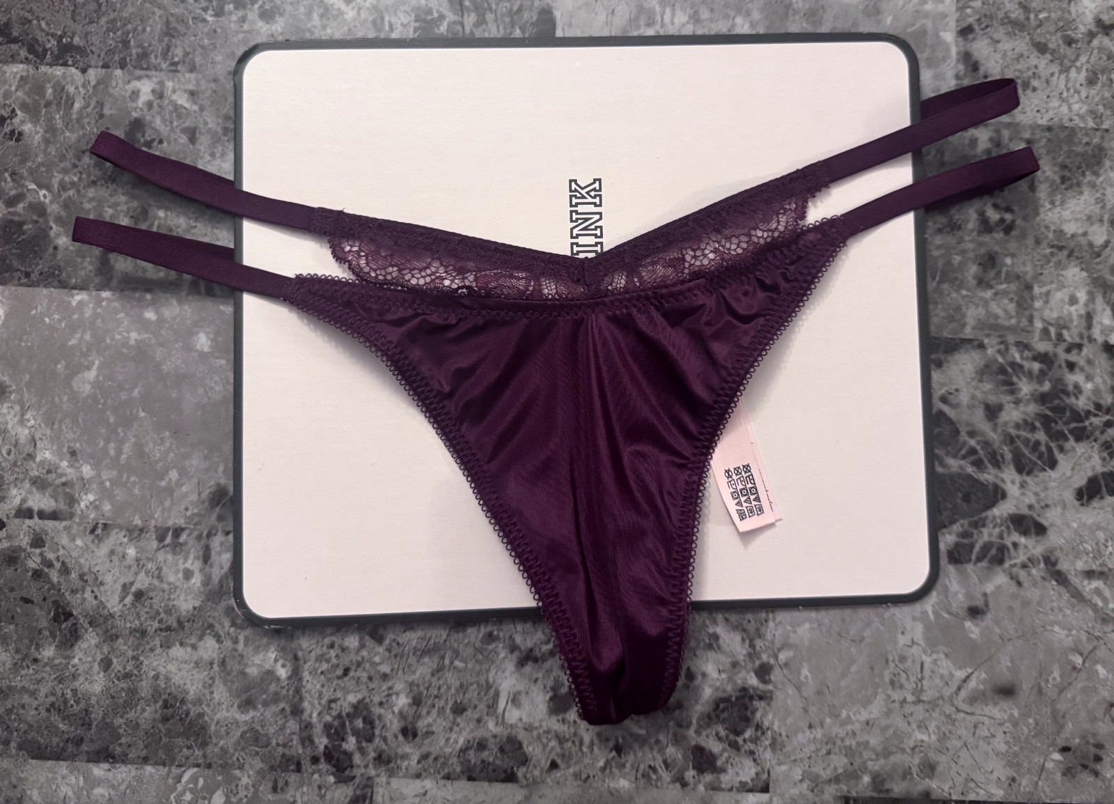 NWT VICTORIA’S SECRET MAROON SATIN SMOOTH LACE STRAPPY V STRING PANTIES