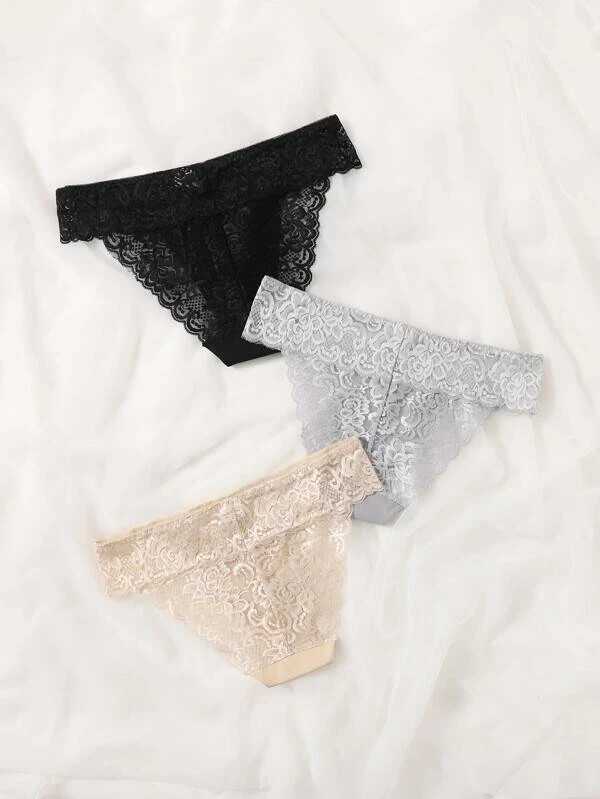 Shein 3pk lace back bikini panties S M black/gray/tan nip
