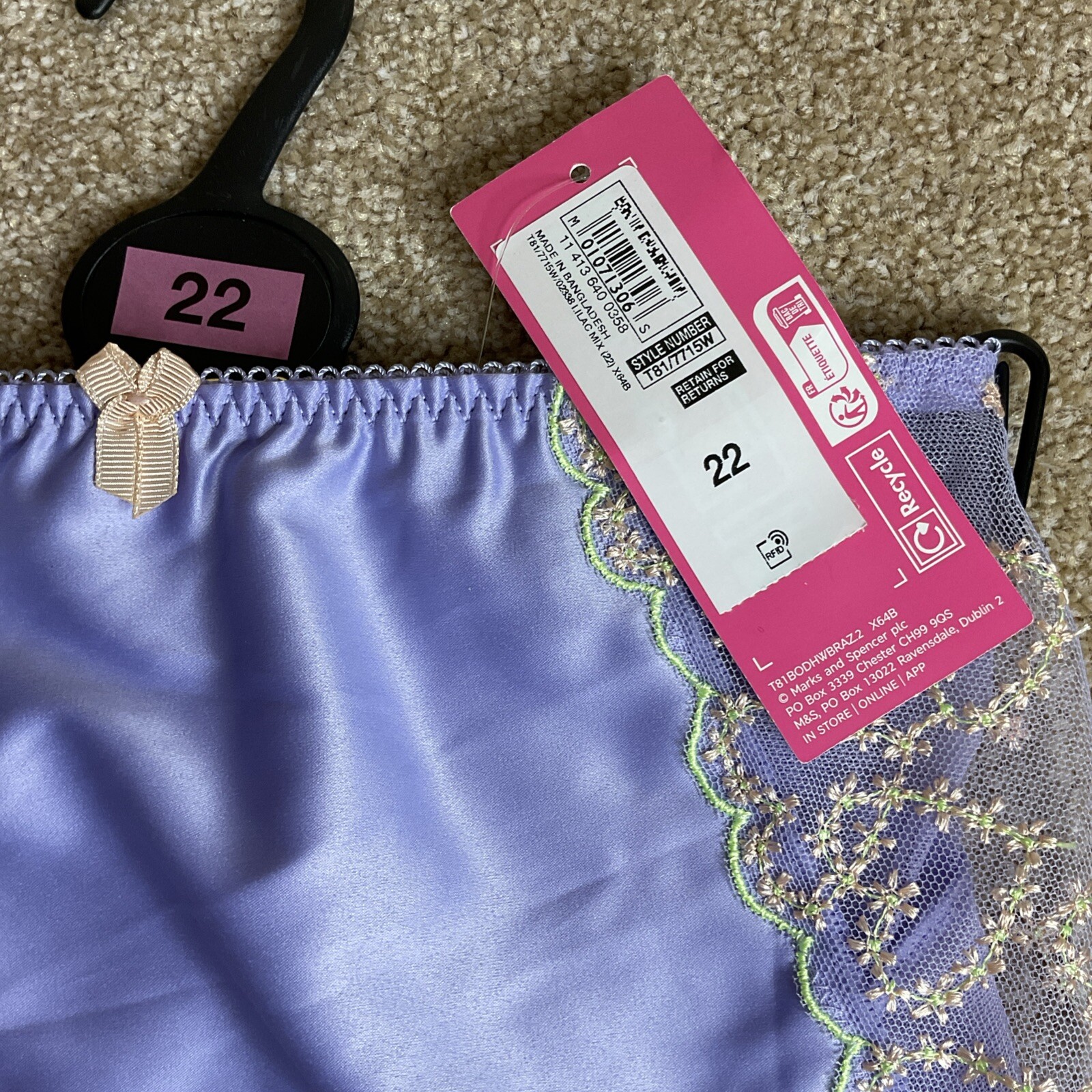 M&S Size 22 Boutique High Waisted Brazilian Knickers Lilac Mix Satin Mesh Rear