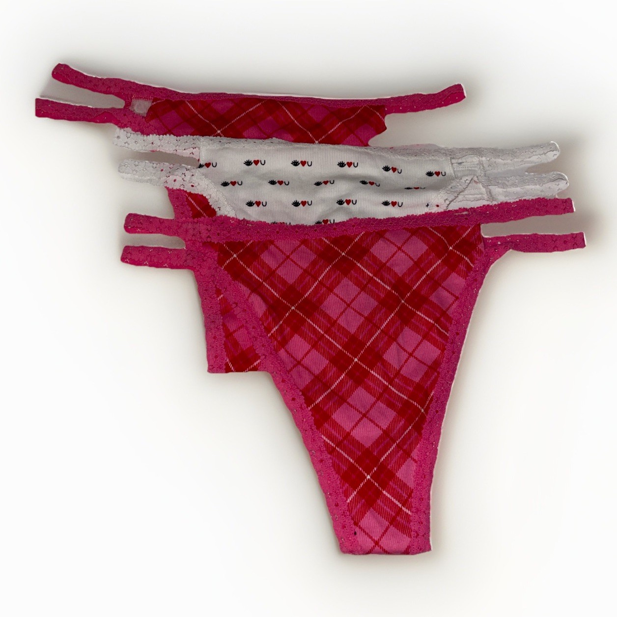 Victoria’s Secret Pink 2 Plaid & 1 Heart Print Thong Lot of 3 White Pink Red XXL