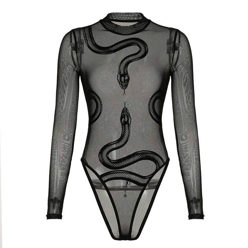 New spicy girl snake print perspective sexy splicing round neck mesh bodysuits