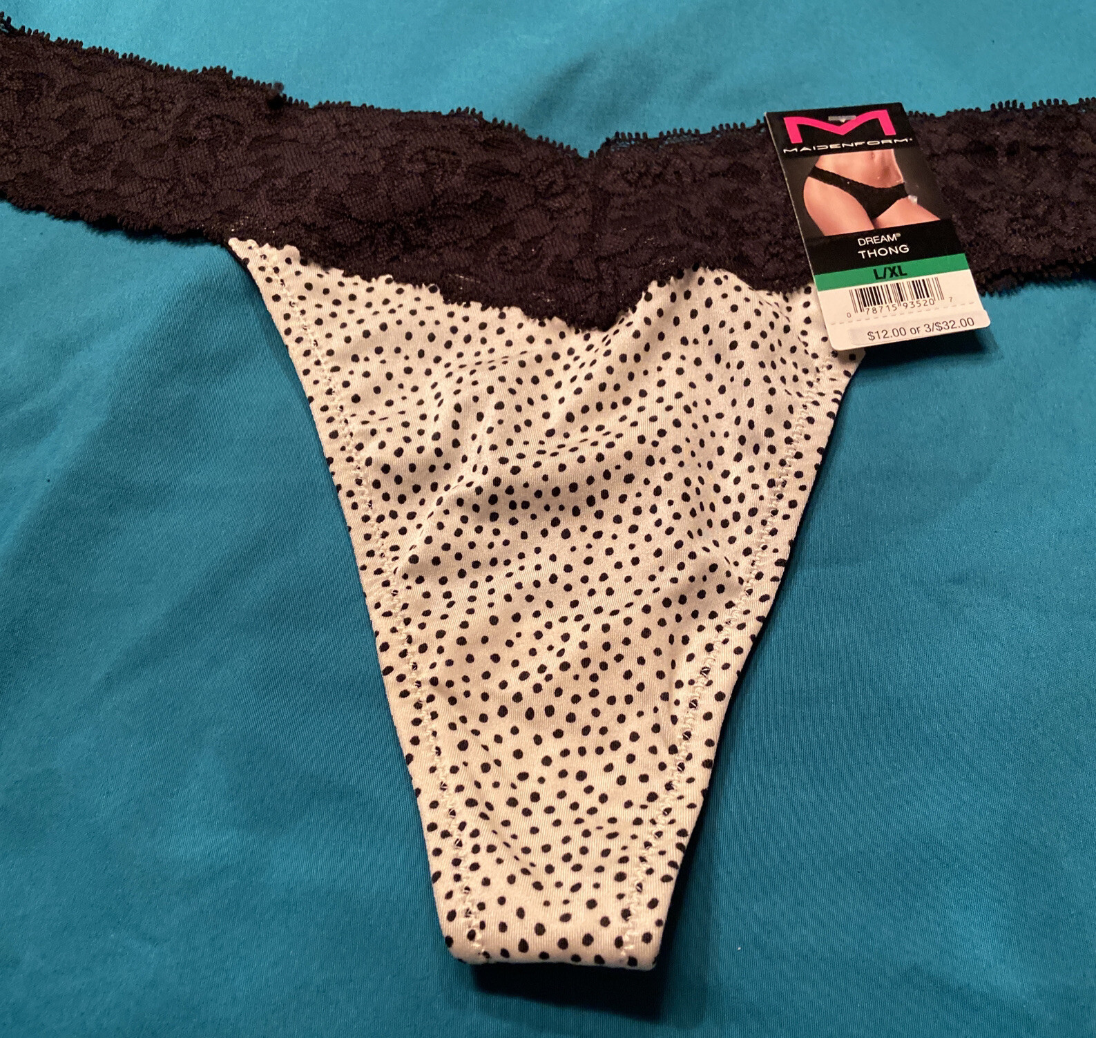 NEW! MAIDENFORM BLACK & WHITE SPECKLED THONG PANTIES W LACE /L/XL /$12/REDUCED