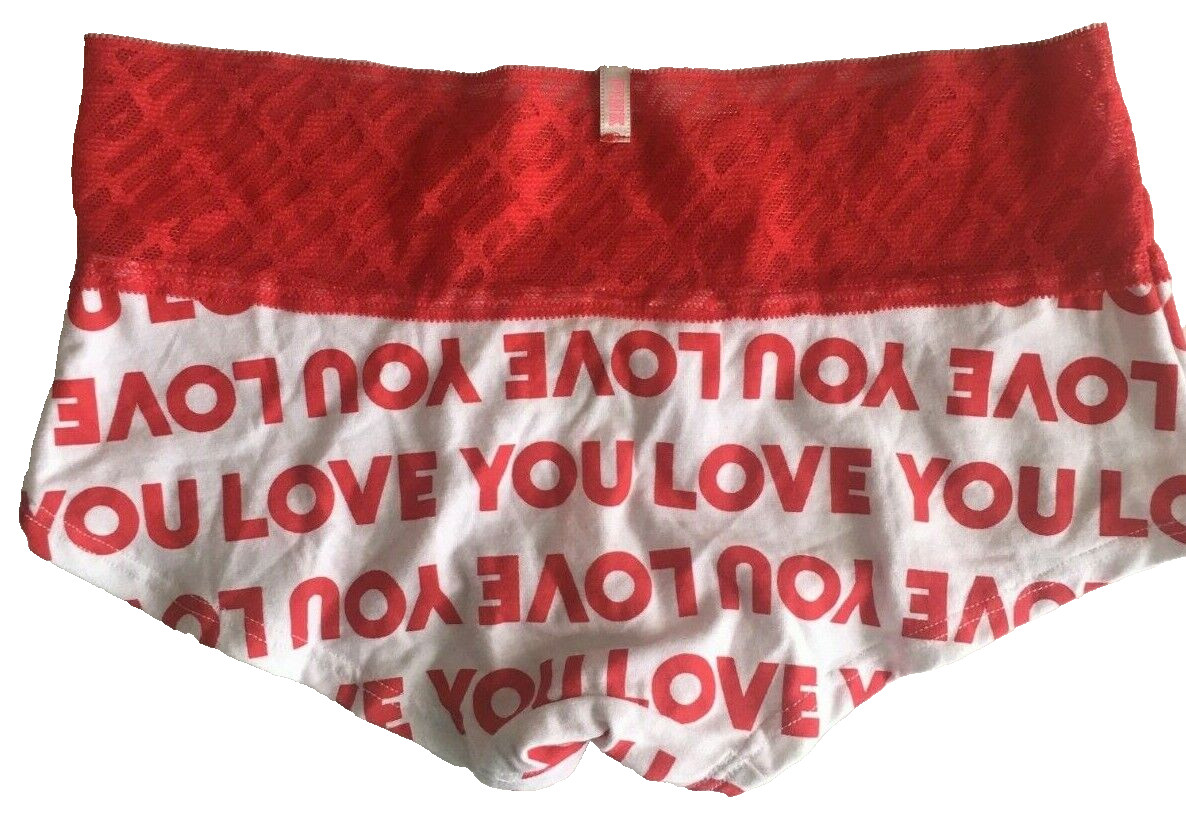 Victorias Secret Red White LOVE YOU Boyshort Style Panties Size XS Lace Waist