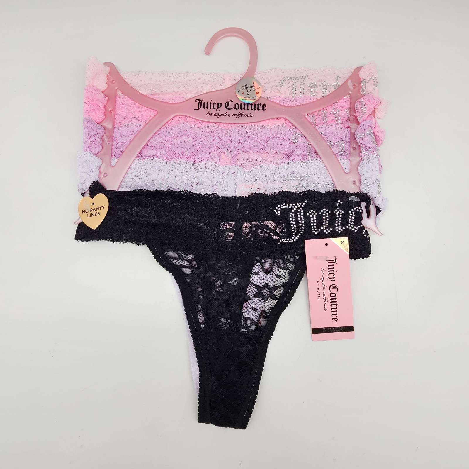 JUICY COUTURE 5 Pack Women’s M L Lace Rhinestone Logo Thong Pink Lilac Black