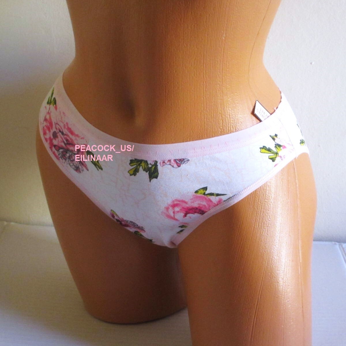 Victoria’s Secret Cotton Bikini Panty L XL White Pink Peony Print Logo Band