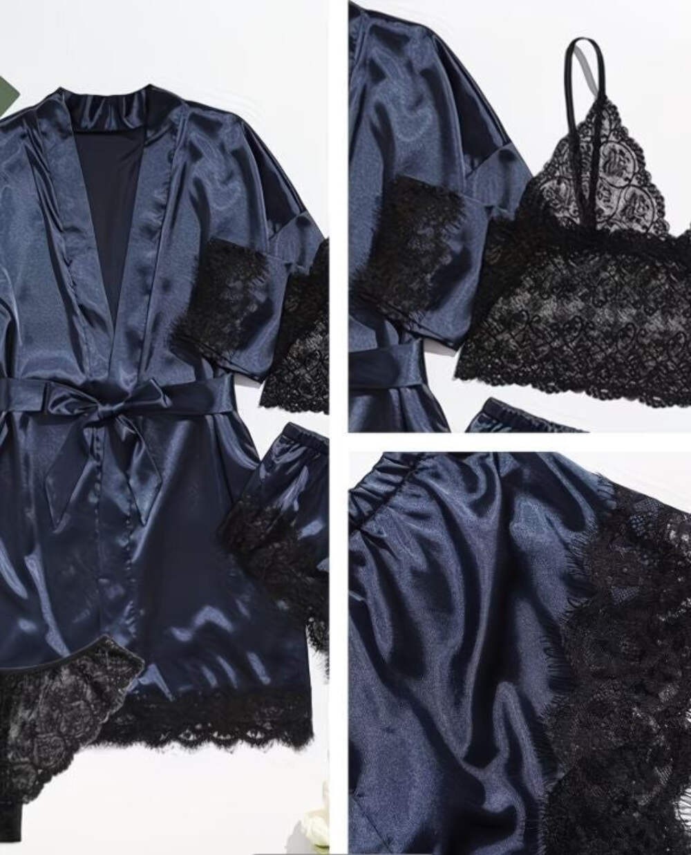 Silky feel navy blue satin black lace trim 4 piece lingerie set size 10 (M)