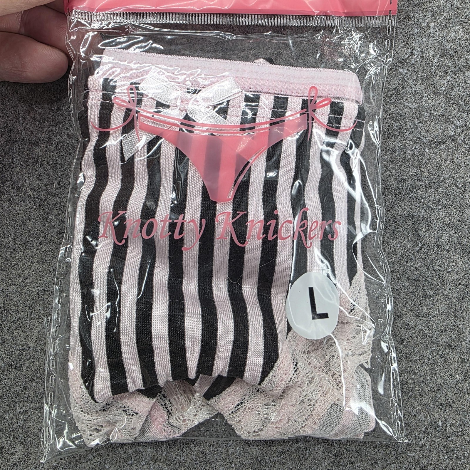 Knotty Knickers Panties Womens L Pink Striped Bikini Lace Bow Modal Spandex