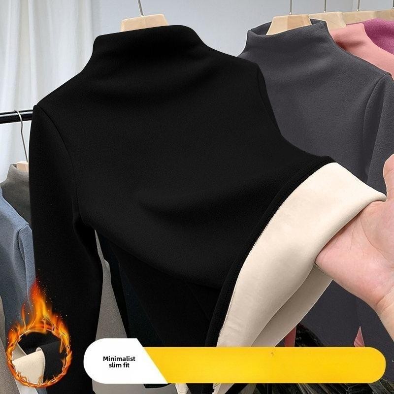 WomenThermalUnderwearWinterHalfHighCollarTopBottomShirtSolidWarmLayerSemiHigh