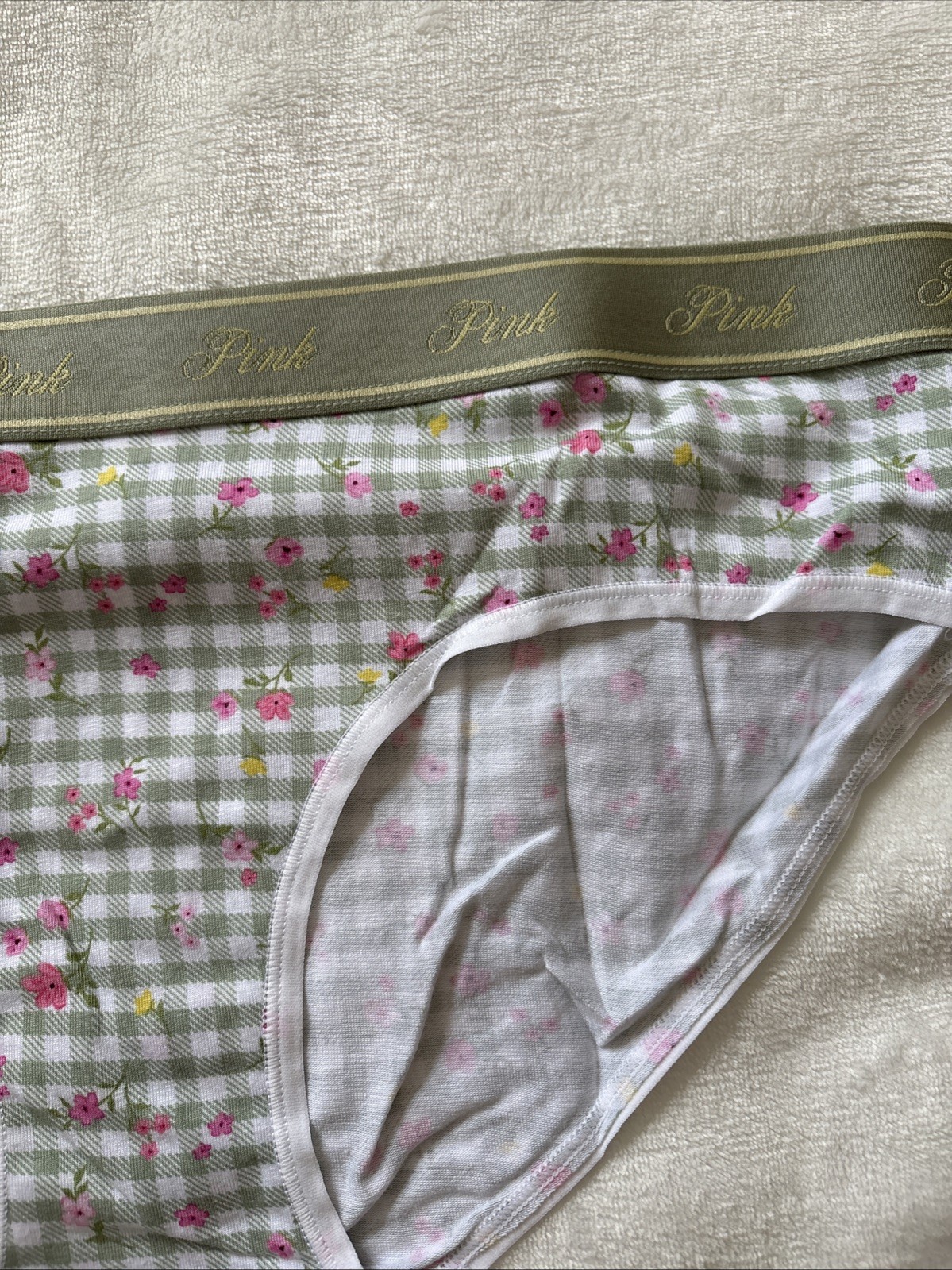 PINK Victoria’s Secret Panties Hiphugger Panty Cotton Green Check Floral Large L