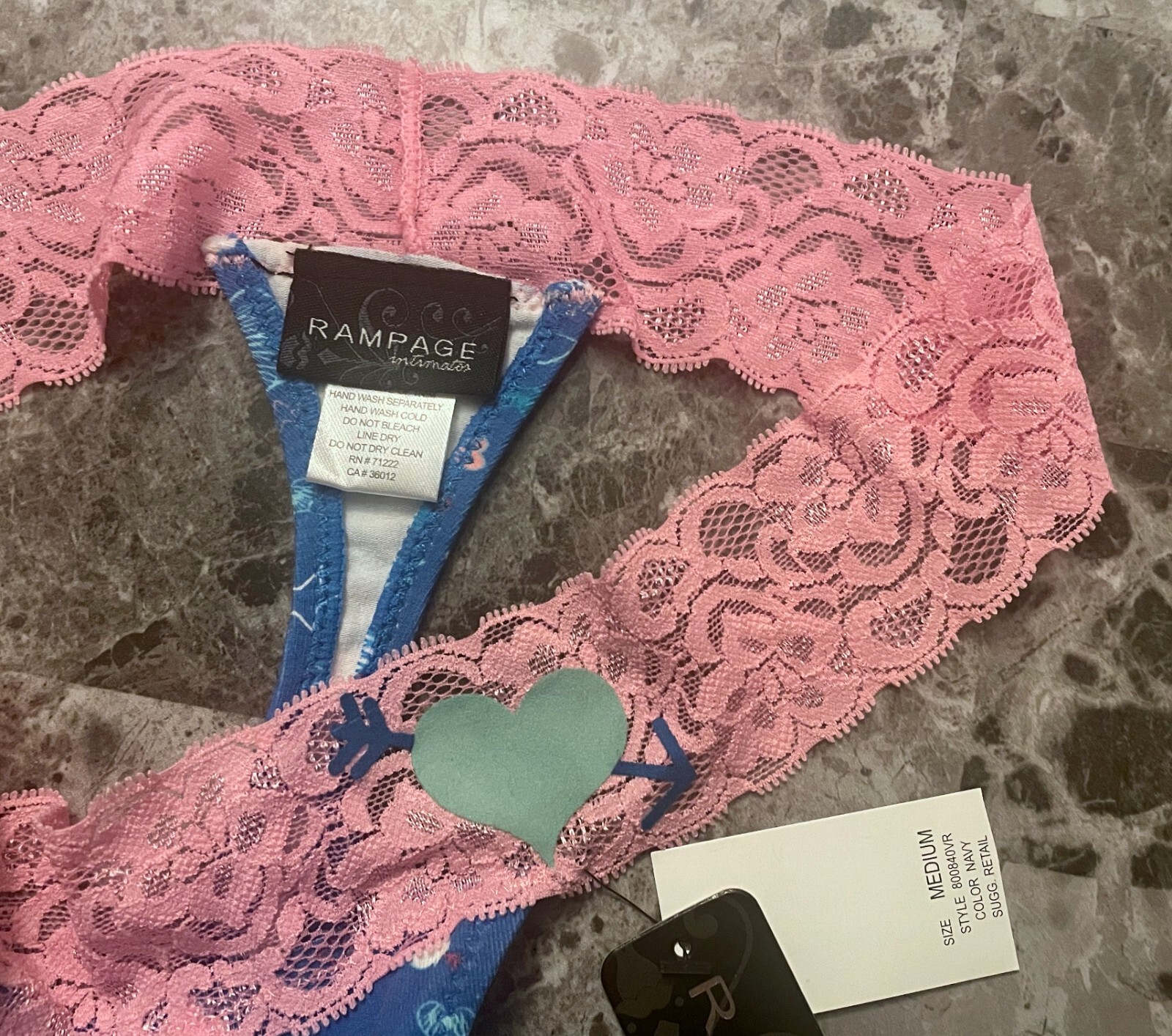 NWT RAMPAGE MEDIUM BLUE PINK HEART STAR LACE BAND VINTAGE RARE THONG PANTIES