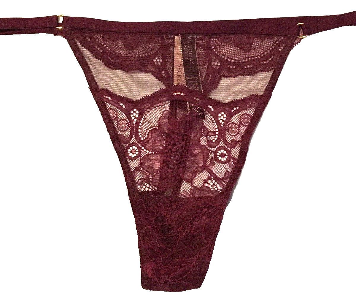Victorias Secret Maroon Wine Kir Thong Panty XL Floral Split Lace & Mesh Sheer