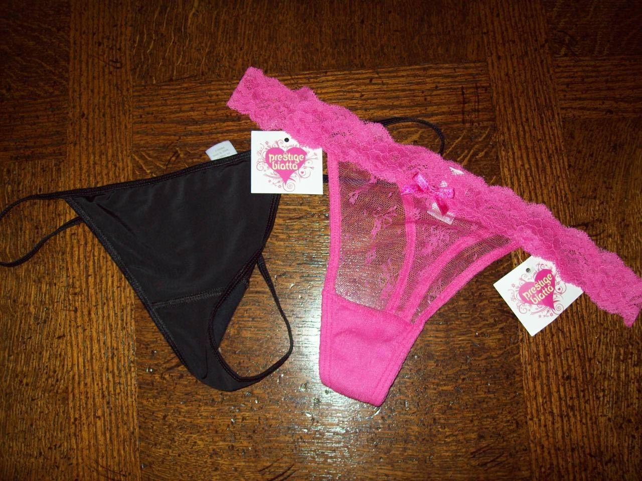 NWT 2 PAIRS BIATTA solid THONG PANTIES PINK w LACE, BLACK size L