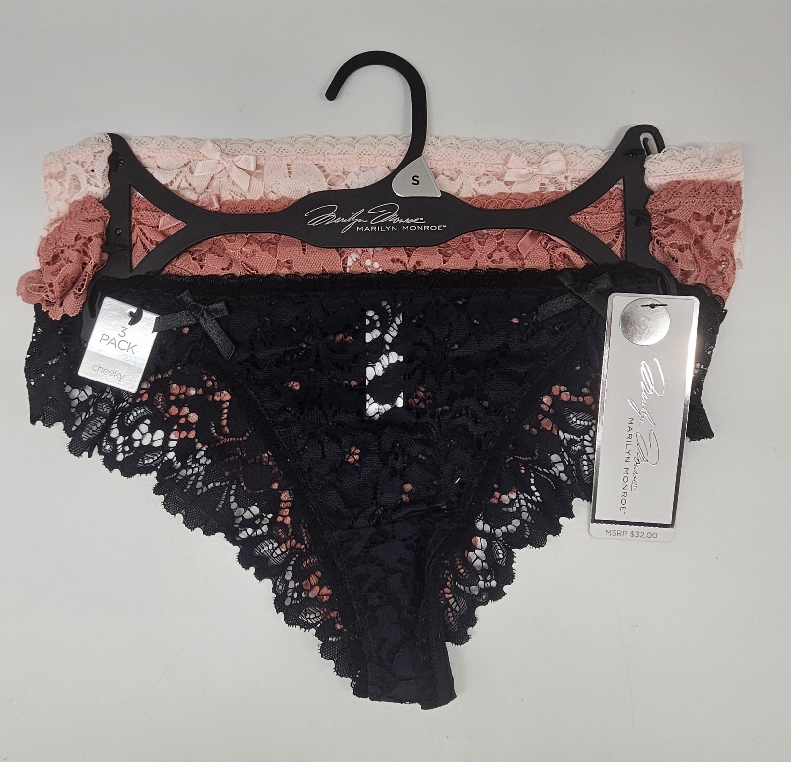 MARILYN MONROE 3 Pack Women’s S M L Lace Cheeky Nylon Panties Pink Brown Black