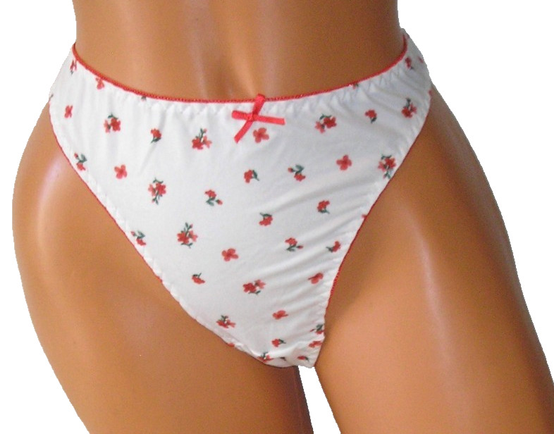 Panties Lingerie Red Floral Detail White Thong, XL Adult Gift